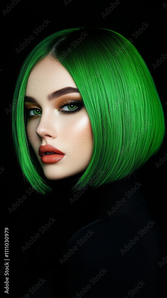 Portrait of a young Caucasian woman with vibrant green hair and striking makeup against a dark background. Portrait of a young Caucasian woman with vibrant green hair and striking makeup against a dark background.
