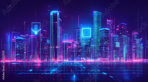 Virtual smart city on phone technology background. Future urban architecture neon light buildings with CPU vector. Electricity ai concept. Digital futuristic intelligence high tech city design banner.