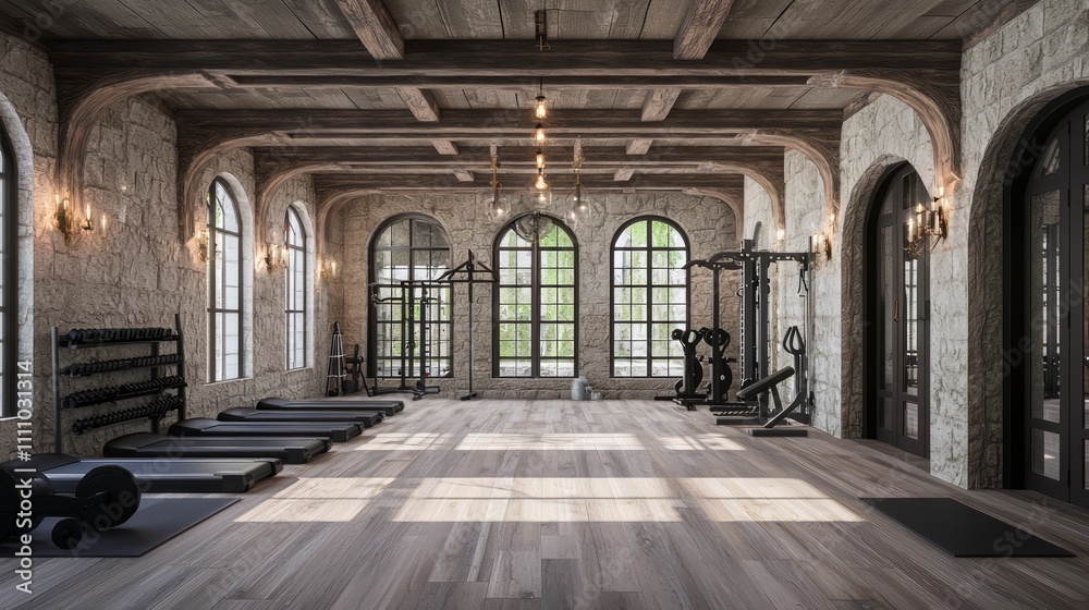 Modern-Medieval Fusion Gym: Stone Walls & Wooden Accents for Unique Workout Atmosphere Modern-Medieval Fusion Gym: Stone Walls & Wooden Accents for Unique Workout Atmosphere