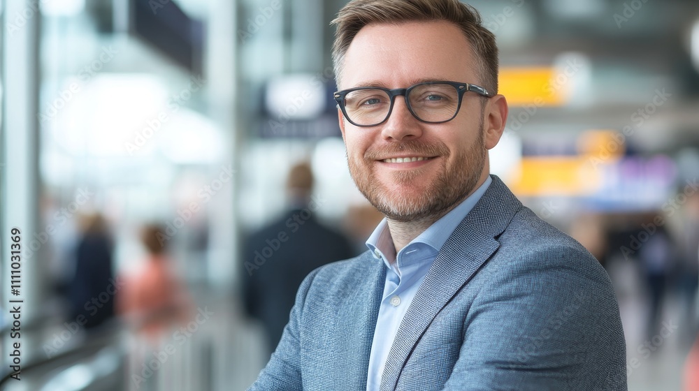 A smiling man in a suit stands at an airport, exuding confidence and approachability. A smiling man in a suit stands at an airport, exuding confidence and approachability.