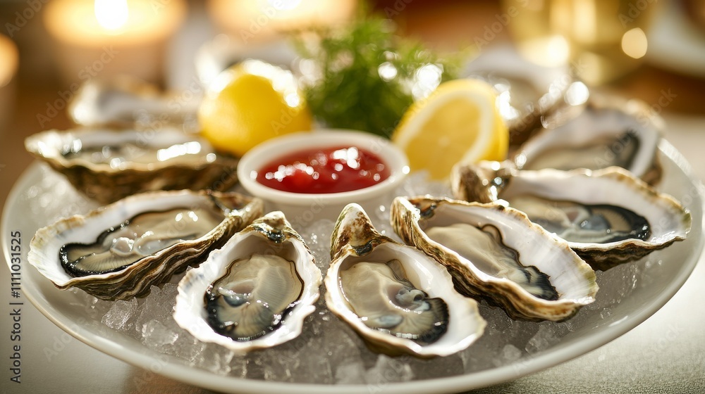 Photo of, A platter of freshly shucked oysters served with lemon wedges and mignonette sauce, Oysters arranged Photo of, A platter of freshly shucked oysters served with lemon wedges and mignonette sauce, Oysters arranged