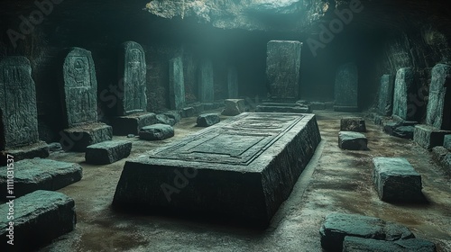 Mysterious ancient crypt with stone sarcophagus and numerous engraved stelae, illuminated by a single light source. photo