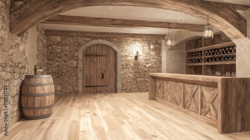 Modern-Medieval Fusion: Rustic Wine Cellar with Contemporary Storage Solutions and Medieval Decor | Ultra-Detailed Photorealistic Image