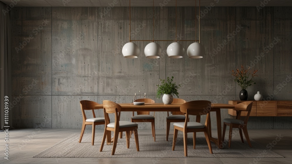 An inviting dining area showcases a wooden table surrounded by stylish chairs, under soft pendant lighting, with a backdrop of textured concrete for a modern touch An inviting dining area showcases a wooden table surrounded by stylish chairs, under soft pendant lighting, with a backdrop of textured concrete for a modern touch