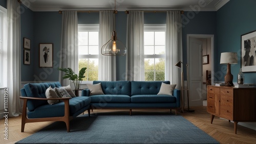 A chic living room boasts a deep blue sectional couch  warm wood furniture  and soft lighting  creating a stylish yet comfortable environment with a welcoming vibe