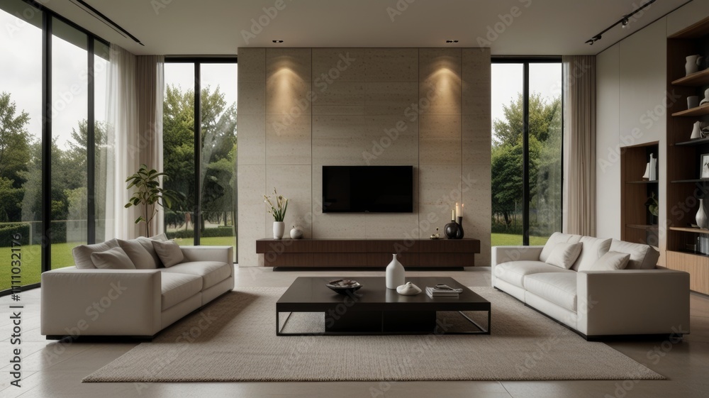 A modern living room showcases two white sofas, a dark coffee table, and elegant decor against a backdrop of lush greenery visible through expansive windows A modern living room showcases two white sofas, a dark coffee table, and elegant decor against a backdrop of lush greenery visible through expansive windows