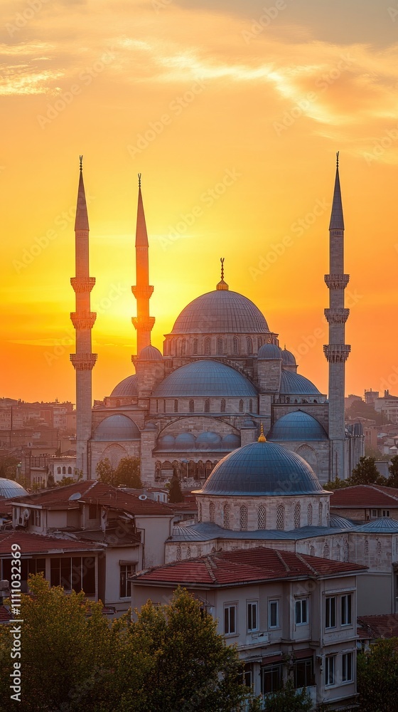 Obraz premium Beautiful view of gorgeous historical Suleymaniye Mosque, Rustem Pasa Mosque and buildings in front of dramatic sunset. Istanbul most popular tourism destination of Turkey. Travel Turkey concept.