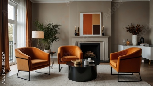 An elegant living space features three orange armchairs  a sleek black coffee table  and warm-toned artwork  all set against soft beige walls for a cozy yet modern atmosphere