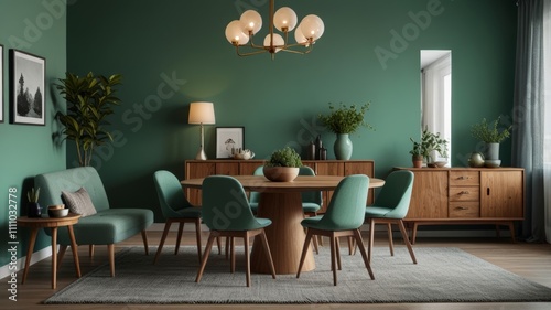 A vibrant dining room showcases teal chairs around a wooden table  complemented by a green wall and elegant lighting. Decorative plants add a refreshing touch to the inviting space