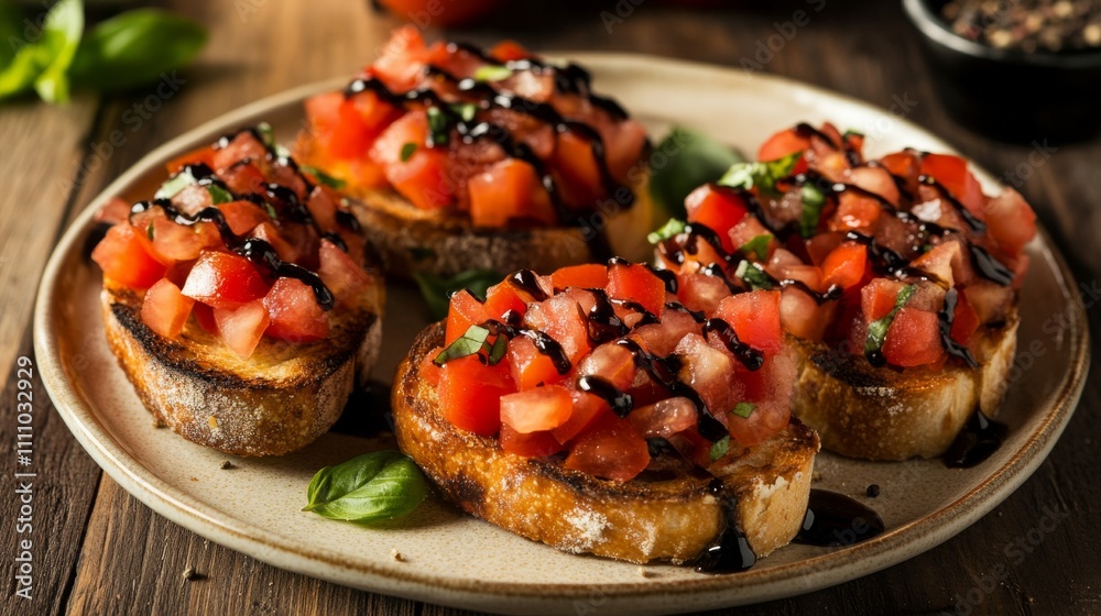 Photo of, A platter of savory bruschetta topped with diced tomatoes, basil Photo of, A platter of savory bruschetta topped with diced tomatoes, basil