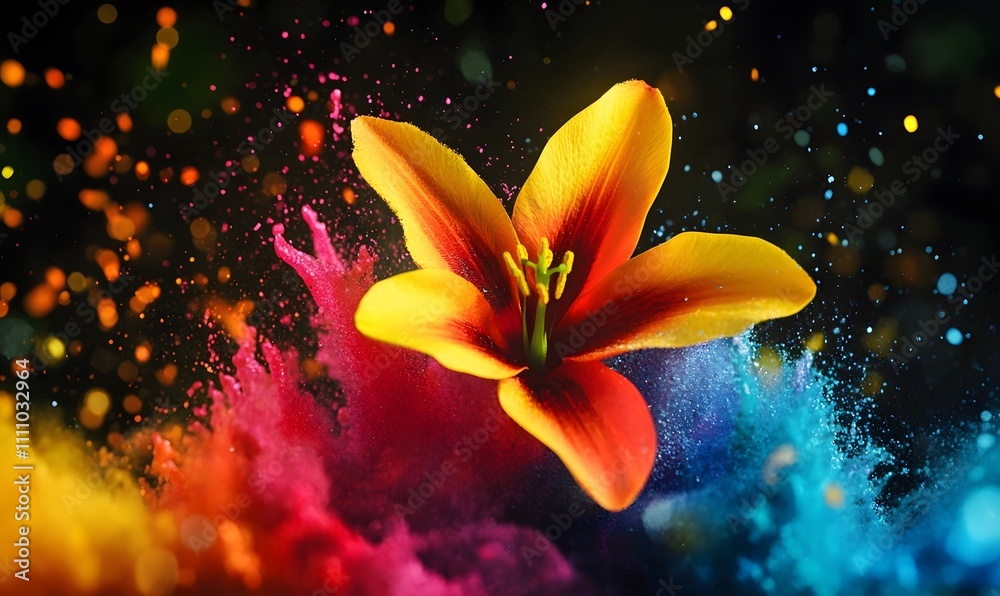 Vibrant lily flower in colorful powder explosion. Vibrant lily flower in colorful powder explosion.