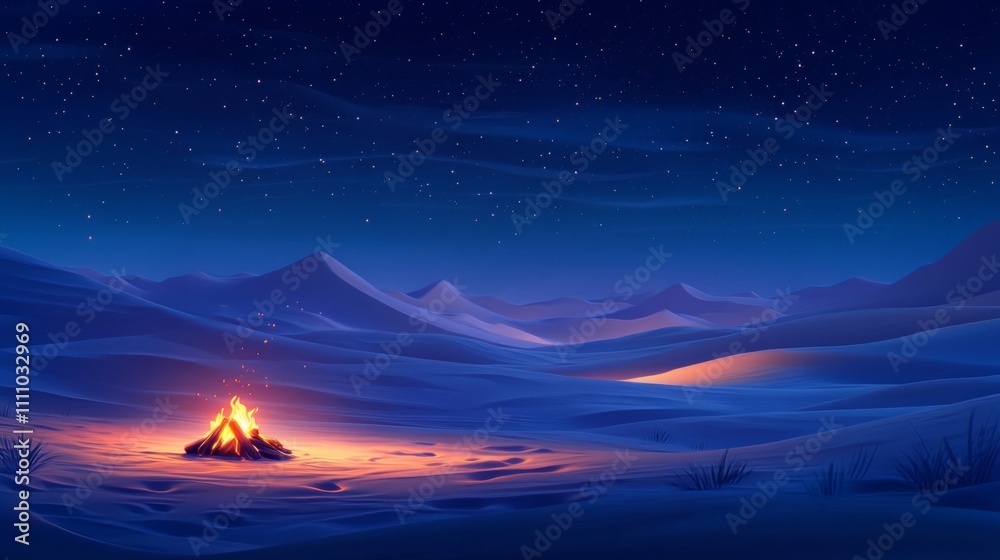 A Solitary Campfire in a Desert Under a Starry Sky A Solitary Campfire in a Desert Under a Starry Sky