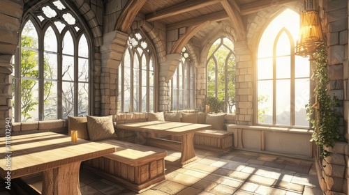 Exquisite Fusion of Modern and Medieval  Cozy Breakfast Nook with Rustic Wooden Accents and Medieval Decor Elements in Photorealistic Interior Design