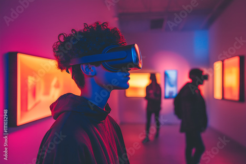 The virtual reality captured in a modern gallery setting, where abstract digital visuals and vibrant neon hues merge, highlighting the transformation of art into an experiential journey. 