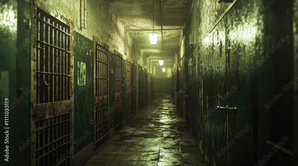 Dark and Eerie Prison Corridor with Dim Lighting and Rusty Cell Doors, Evoking Feelings of Isolation and Desolation in an Abandoned Environment Dark and Eerie Prison Corridor with Dim Lighting and Rusty Cell Doors, Evoking Feelings of Isolation and Desolation in an Abandoned Environment