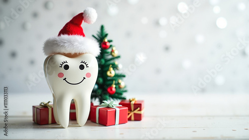 Festive tooth mascot with Santa hat and Christmas decorations on a white holiday-themed background photo