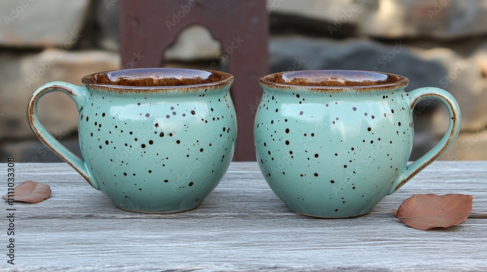 Two Ceramic Mugs with Brown Rim and Speckled Blue Glaze