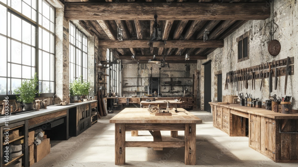 Craftsmanship Fusion: Modern-Medieval Workshop with Stylish Tools and Rustic Decor | Ultra-Detailed Interior Design Inspiring Creativity Craftsmanship Fusion: Modern-Medieval Workshop with Stylish Tools and Rustic Decor | Ultra-Detailed Interior Design Inspiring Creativity