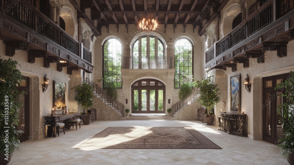 Fototapeta premium Luxurious Fusion - Contemporary Medieval Grand Foyer with Modern Art, Medieval Furniture, and Elegant Chandelier