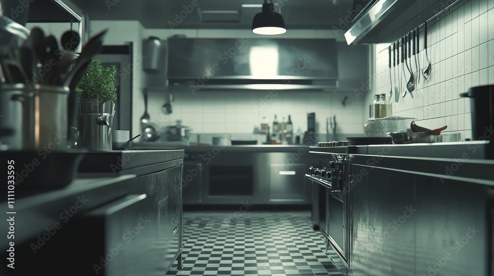 A modern kitchen with stainless steel appliances and checkered flooring, designed for culinary preparation. A modern kitchen with stainless steel appliances and checkered flooring, designed for culinary preparation.