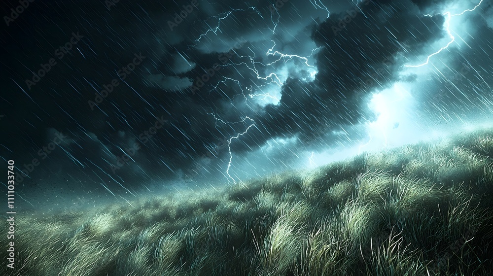A dramatic landscape featuring rolling hills covered in lush grass, illuminated by bright flashes of lightning amidst a dark and stormy sky. A dramatic landscape featuring rolling hills covered in lush grass, illuminated by bright flashes of lightning amidst a dark and stormy sky.
