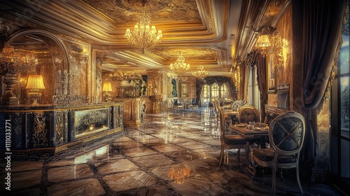 Luxurious Interior of a Grand Hotel Lobby with Elegant Decor, Sparkling Chandeliers, Marble Flooring, and Stylish Seating Arrangements in Golden Hues