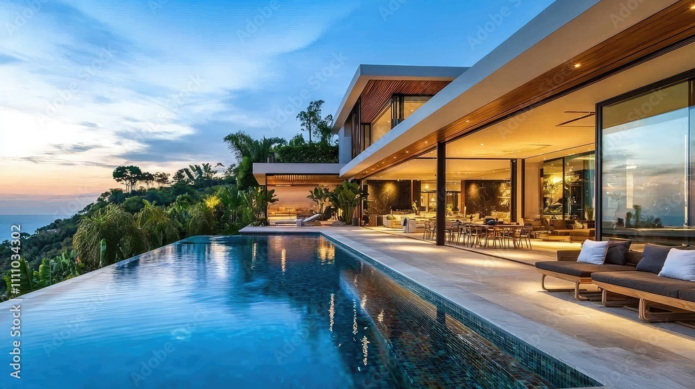 Fototapeta premium Luxurious Modern Villa with Infinity Pool Overlooking Sunset in Tropical Paradise, Featuring Elegant Outdoor Living Spaces Surrounded by Lush Greenery