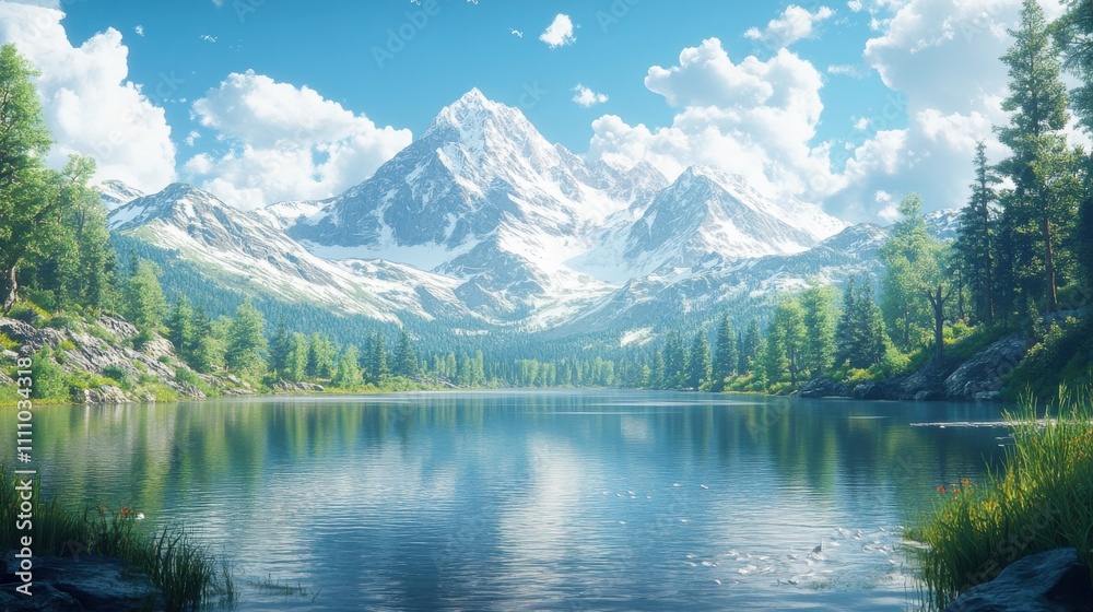 Serene Mountain Landscape with Crystal Clear Lake and Lush Green Forest Under a Bright Blue Sky Filled with Fluffy White Clouds in a Tranquil Nature Scene Serene Mountain Landscape with Crystal Clear Lake and Lush Green Forest Under a Bright Blue Sky Filled with Fluffy White Clouds in a Tranquil Nature Scene