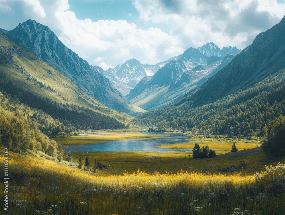 Fototapeta premium Serene Mountain Landscape with Lush Greenery and Sparkling Lake Under a Dramatic Sky, Showcasing Nature's Tranquil Beauty and Majestic Peaks in a Vibrant Scene