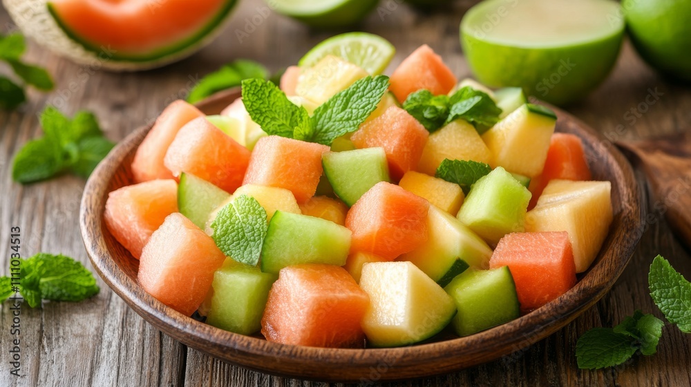 Photo of, A refreshing fruit salad with watermelon, cantaloupe Photo of, A refreshing fruit salad with watermelon, cantaloupe