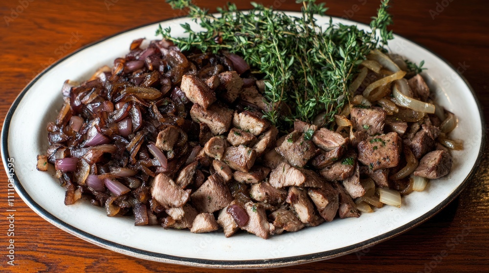 Obraz premium Savory Grilled Meat Platter with Onions and Fresh Herbs Garnish