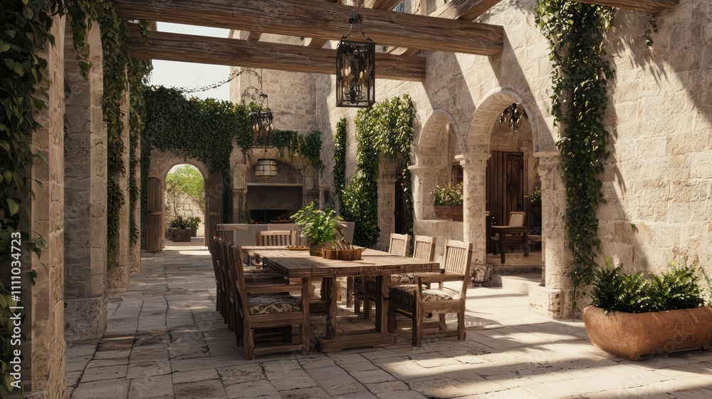 Modern-Medieval Chic Dining Patio: Alfresco Ambiance with a Blend of Contemporary and Rustic Flair, Perfect for Elegant Outdoor Dining Modern-Medieval Chic Dining Patio: Alfresco Ambiance with a Blend of Contemporary and Rustic Flair, Perfect for Elegant Outdoor Dining