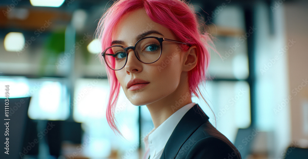 A woman with pink hair and glasses, wearing business clothes, stands in an office A woman with pink hair and glasses, wearing business clothes, stands in an office
