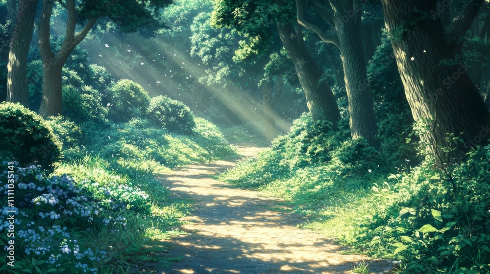 Sunlit Path Through a Lush Forest With Butterflies Sunlit Path Through a Lush Forest With Butterflies