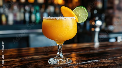 Refreshing tropical cocktail in a stylish glass, adorned with lime and orange slices, served on a wooden bar amidst a blurred background of drinks and bottles. photo