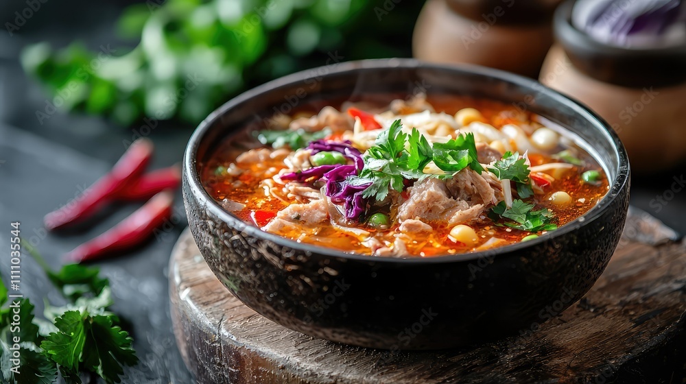 Delicious and Colorful Homemade Soup with Fresh Ingredients, Topped with Herbs and Spices, Perfectly Presented in a Rustic Bowl on a Dark Wooden Surface Delicious and Colorful Homemade Soup with Fresh Ingredients, Topped with Herbs and Spices, Perfectly Presented in a Rustic Bowl on a Dark Wooden Surface