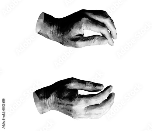 Catching, seizing, gripping, taking with both two hands isolated on white background. Halftone dotted retro style vector