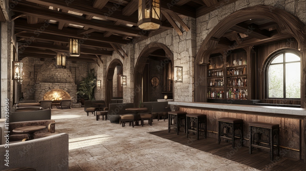Fototapeta premium Opulent Fusion: Modern-Medieval Cocktail Lounge with Plush Seating and Stylish Bar for Entertaining Guests
