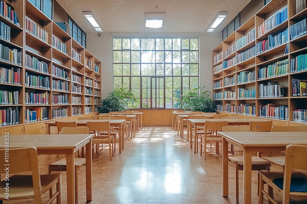 Sunny Library Interior with Wooden Tables Sunny Library Interior with Wooden Tables