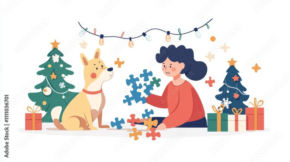 Naklejka premium Woman enjoys puzzle time with her dog.