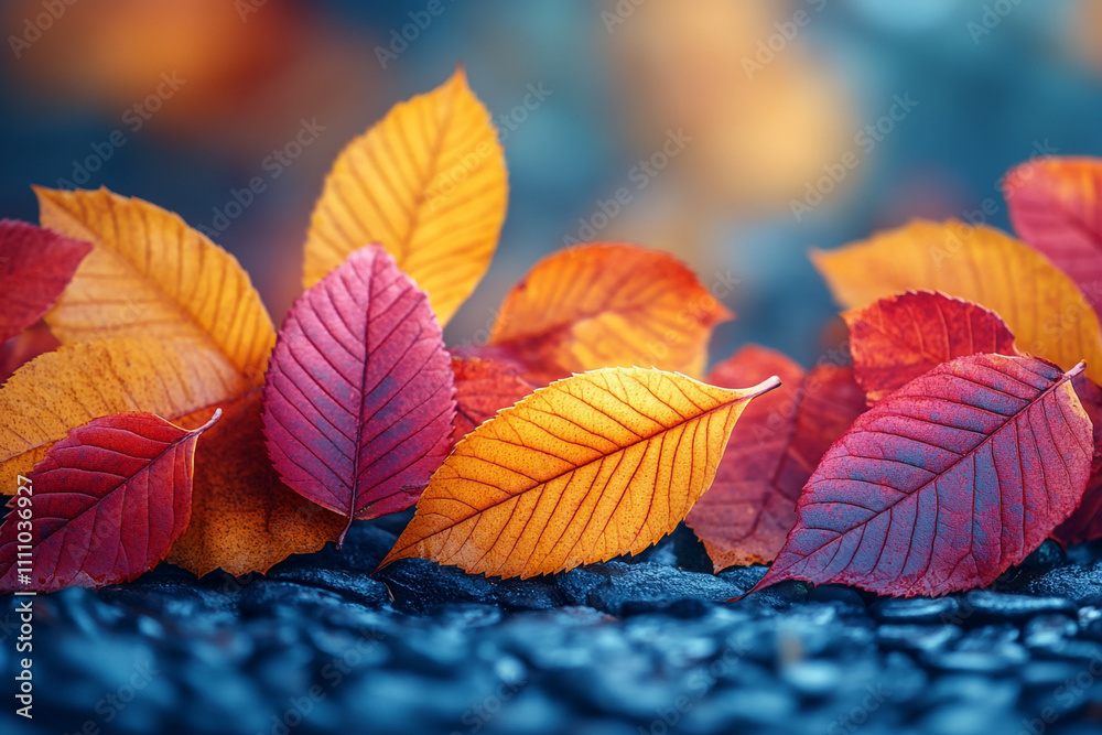 Vibrant Autumn Leaves Resting on Dark Stones Vibrant Autumn Leaves Resting on Dark Stones