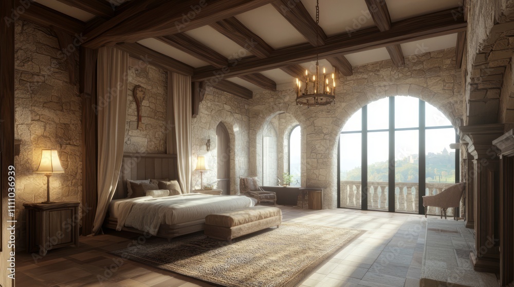 Fototapeta premium Exquisite Modern-Medieval Master Suite with Rustic Elegance for Romantic Ambiance