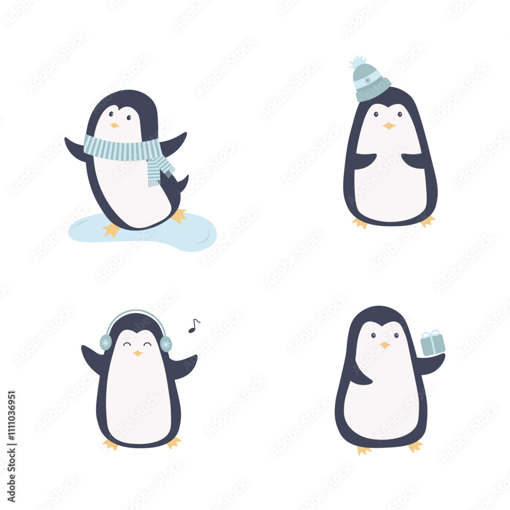 Fototapeta premium Cute cartoon winter penguin set. Christmas and New Year card ideas