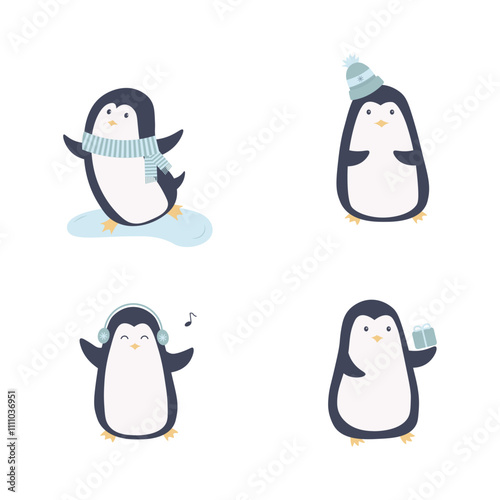 Cute cartoon winter penguin set. Christmas and New Year card ideas