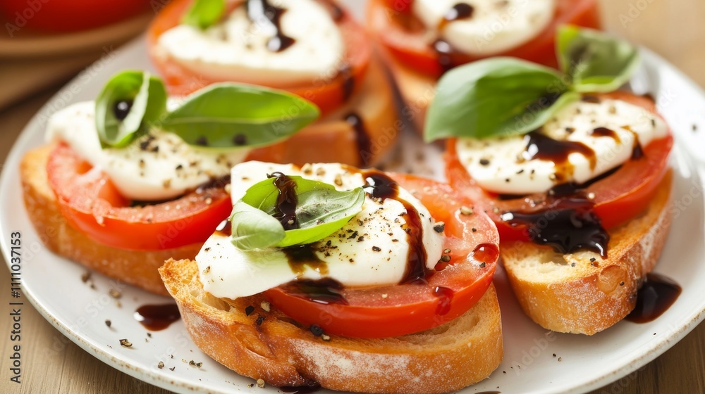 Photo of, A refreshing plate of caprese bruschetta with ripe tomatoes, fresh mozzarella cheese Photo of, A refreshing plate of caprese bruschetta with ripe tomatoes, fresh mozzarella cheese