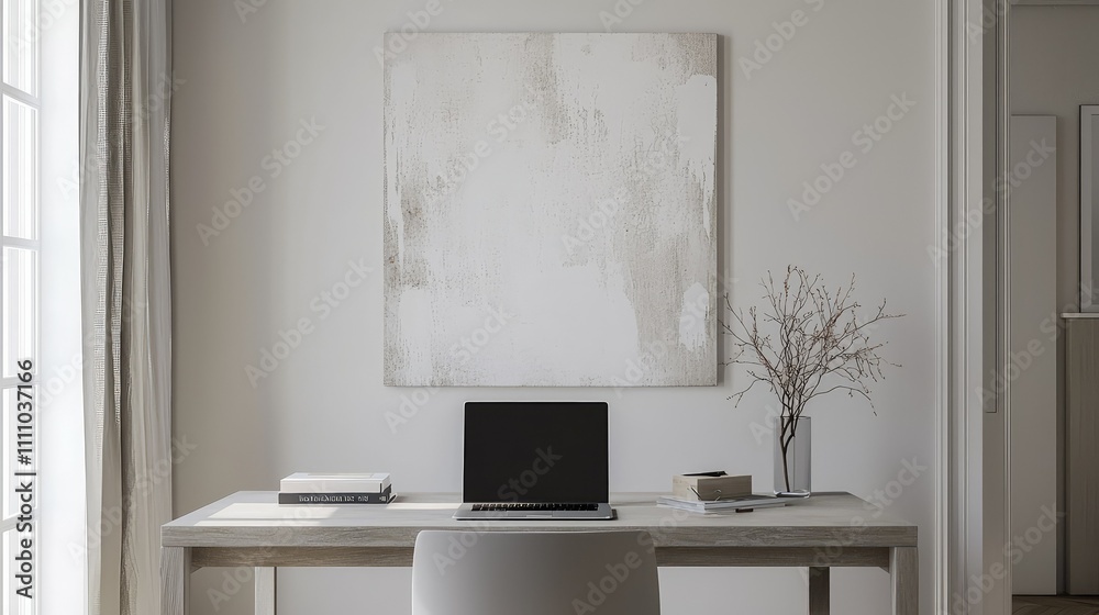 Fototapeta premium Modern Minimalist Home Office Interior Design with a Sleek Laptop on a Stylish Desk, Featuring a Large Abstract Artwork and Natural Light Streaming Through the Window