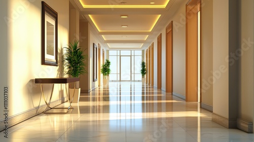 Bright and Modern Interior Corridor with Elegant Lighting, Polished Floors, and Potted Plants Creating a Welcoming Atmosphere in a Contemporary Building