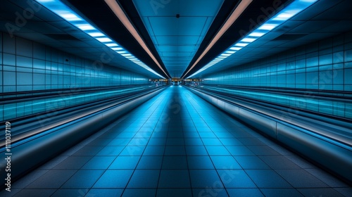A futuristic  illuminated corridor with blue lighting and sleek lines  suggesting movement and travel.