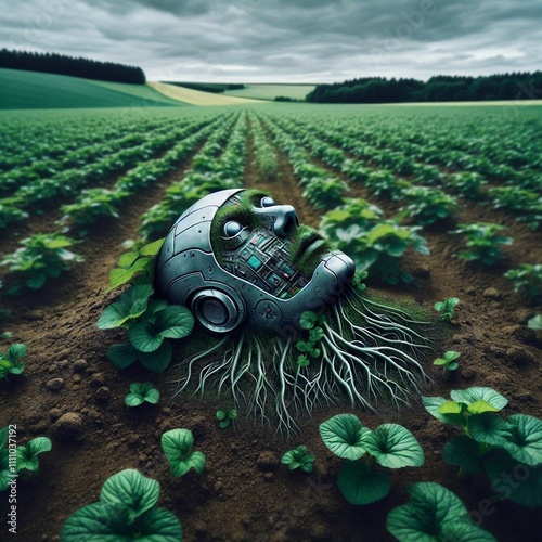 A surreal image shows a cyborg head partially buried in the earth, plants growing from it. photo