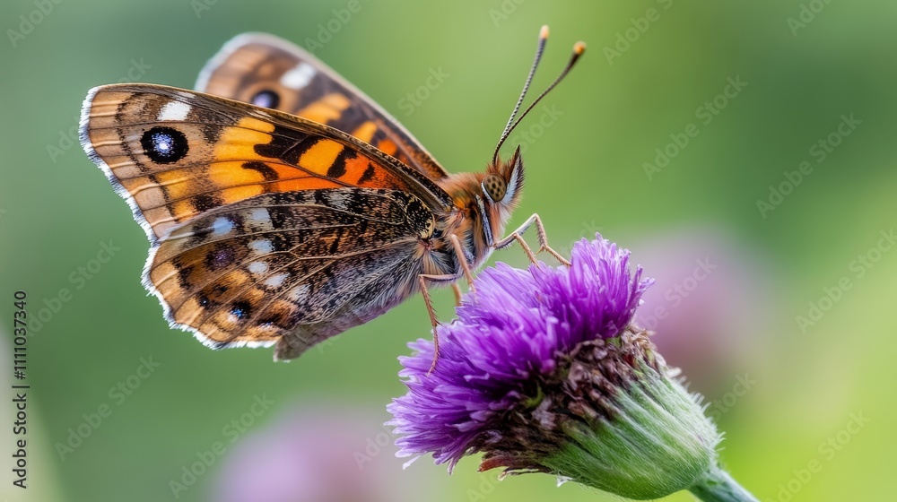A butterfly perched on a purple flower, showcasing vibrant colors and intricate patterns. A butterfly perched on a purple flower, showcasing vibrant colors and intricate patterns.